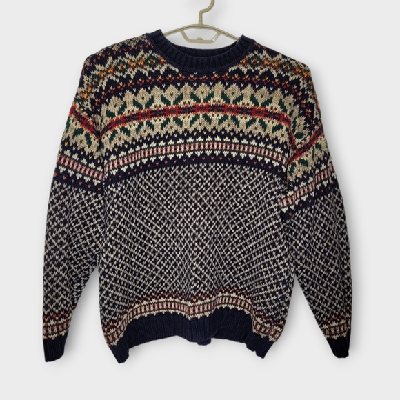 Abercrombie Fitch Chunky Fair Isle Sweater XL Navy Cotton - Picture 2 of 5